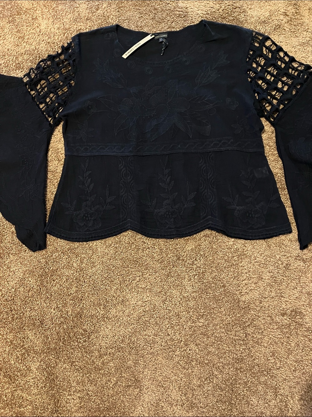 Coco + Carmen Black Embroidered Peplum Blouse with Lattice Sleeves. Size S/M NWT